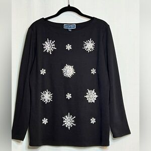 Bling in the Holidays! Long sleeved black shirt with silver snow flakes.